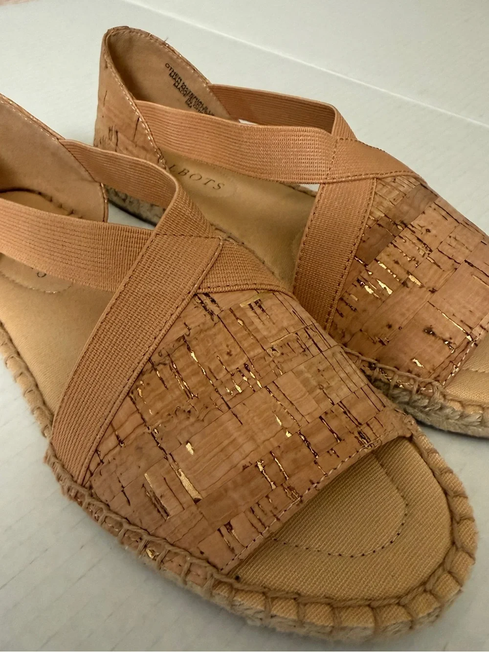 Talbots Ilyssa Tan Cork Espadrille Flat Sandals Stretch Straps Women's Size 5M
